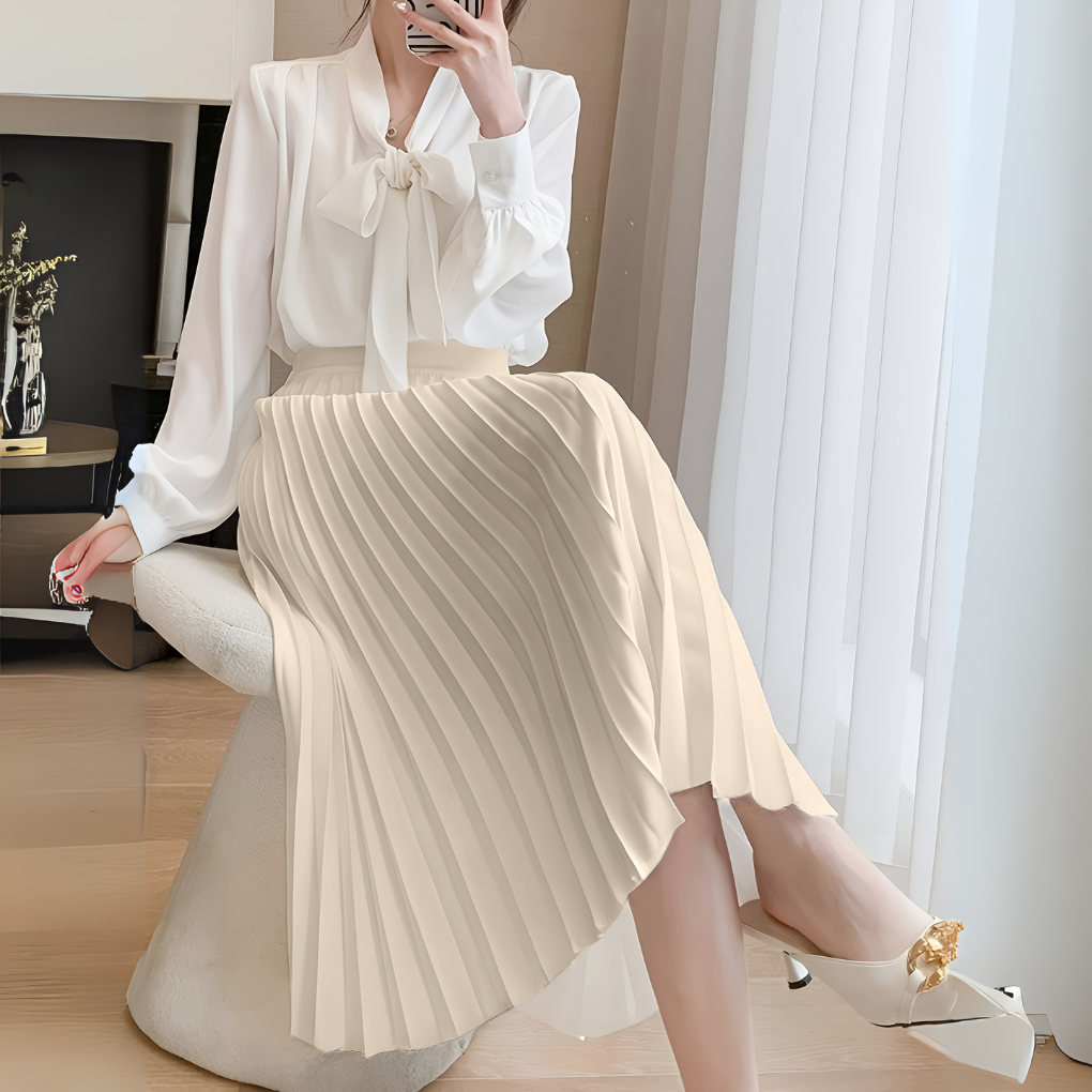 Women's Pleated Midi Skirt High-Waisted with Satin Finish