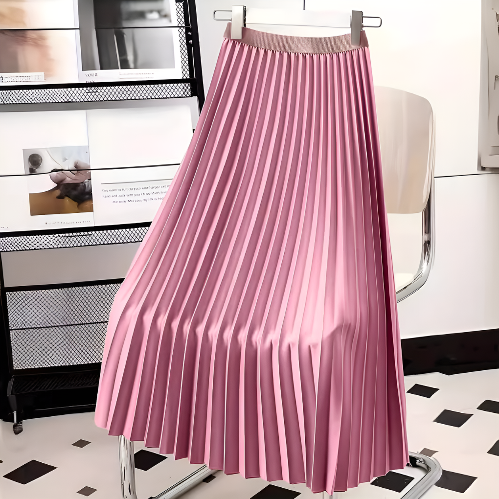 Women's Pleated Midi Skirt High-Waisted with Satin Finish