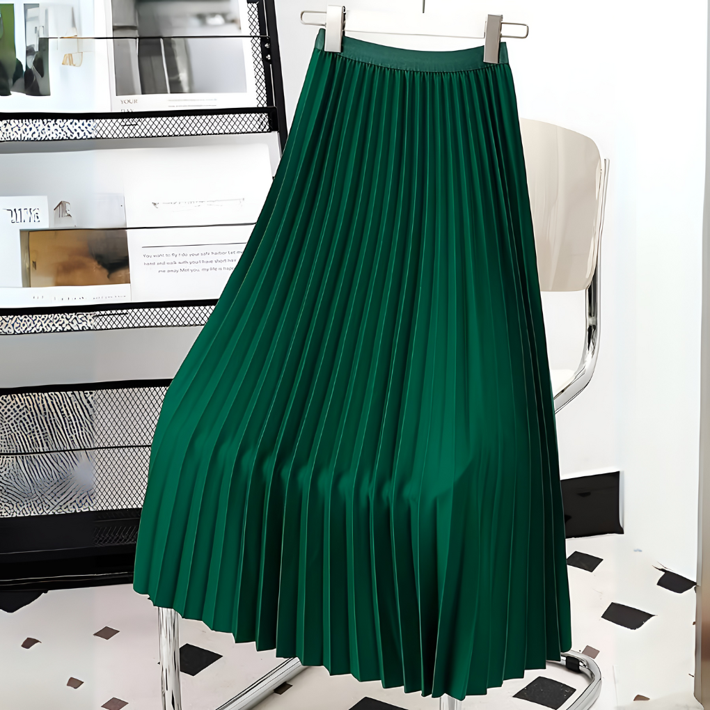 Women's Pleated Midi Skirt High-Waisted with Satin Finish