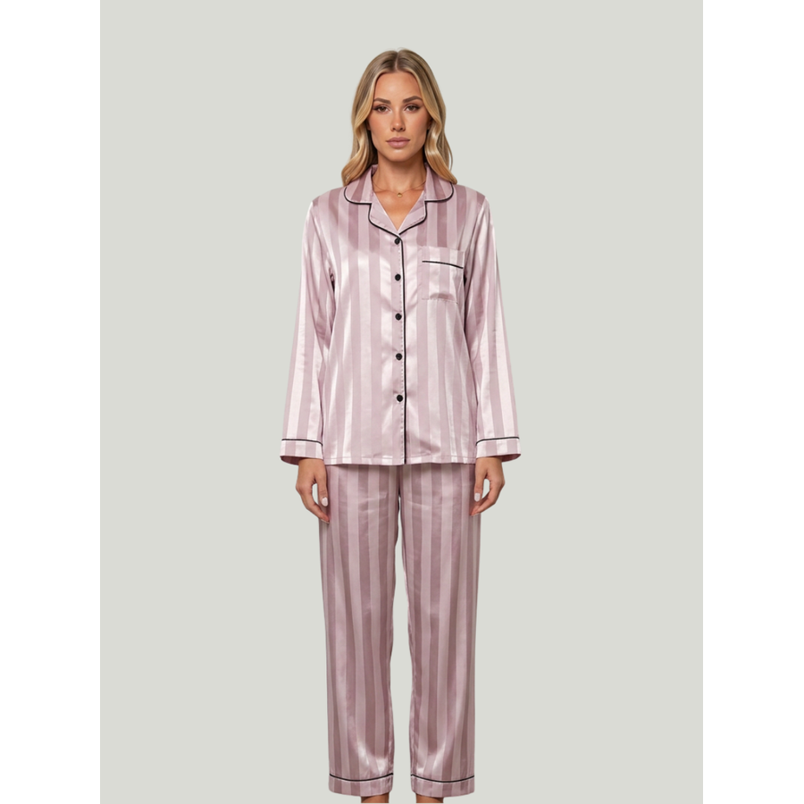 Women's Satin Pajama Set with Striped Button-Down Top and Matching Pants