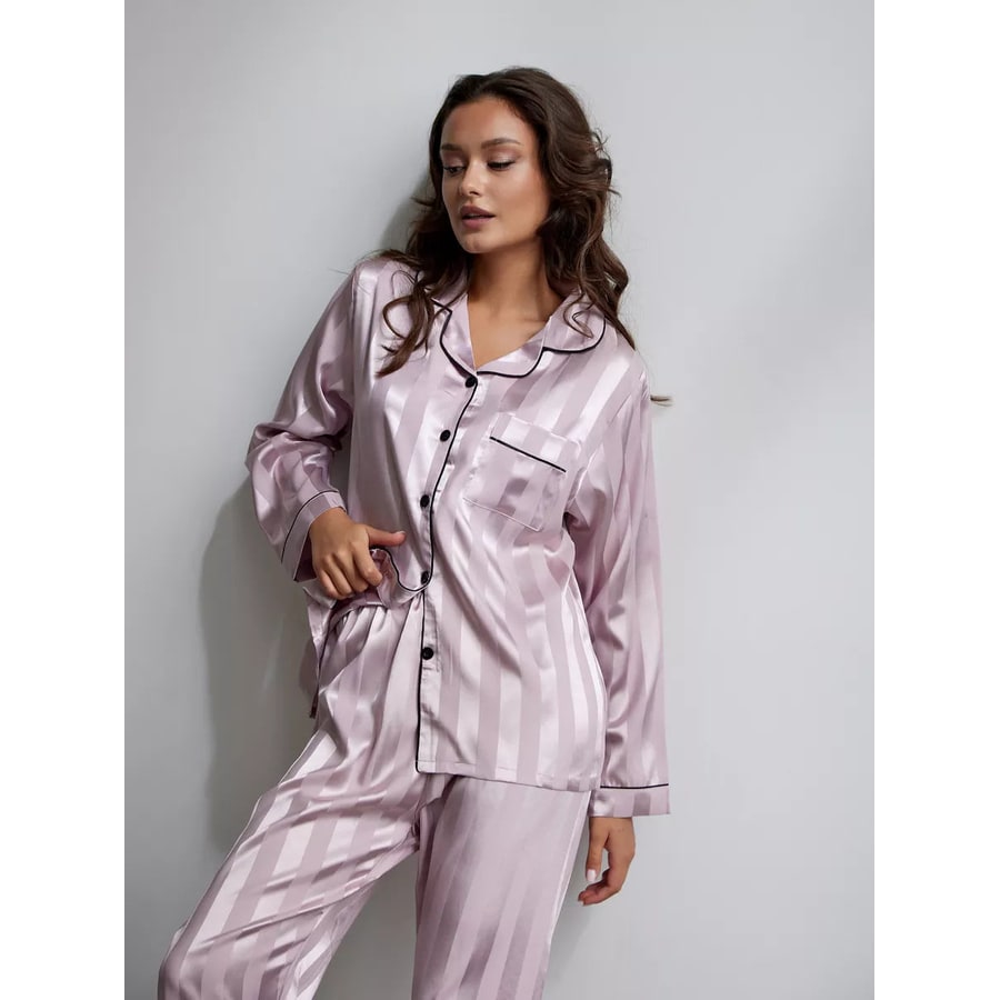 Women's Satin Pajama Set with Striped Button-Down Top and Matching Pants