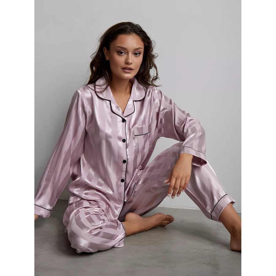 Women's Satin Pajama Set with Striped Button-Down Top and Matching Pants