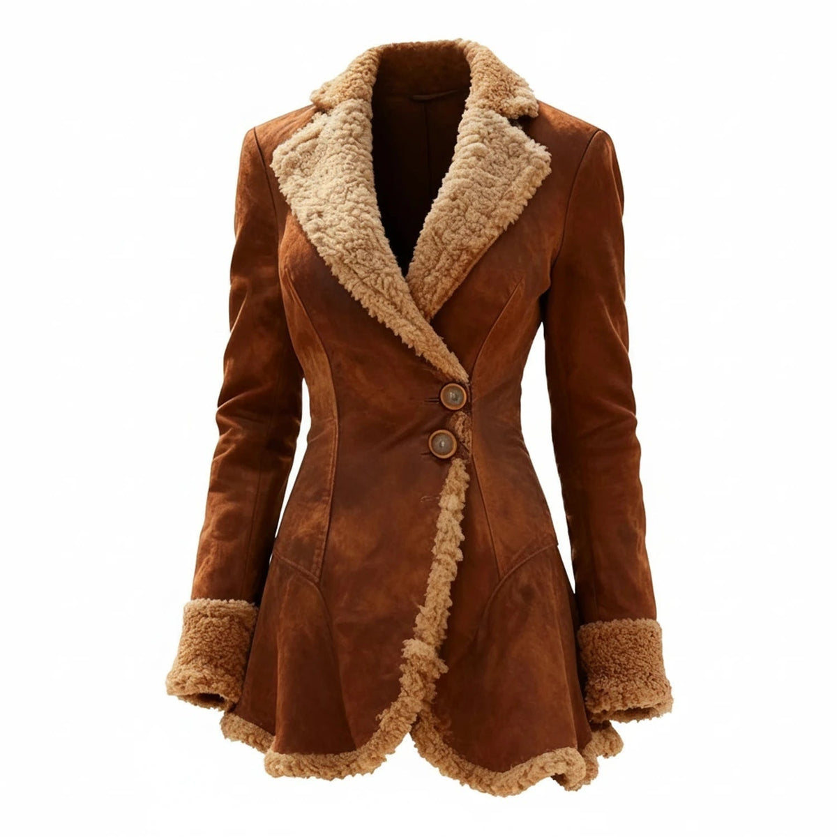 Women's Shearling Jacket with Faux Suede Exterior and Asymmetrical Hem