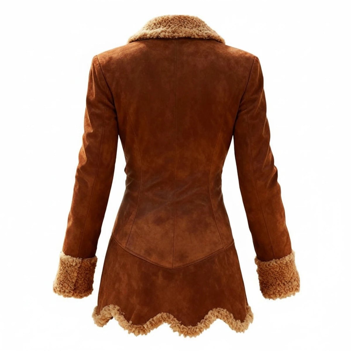 Women's Shearling Jacket with Faux Suede Exterior and Asymmetrical Hem