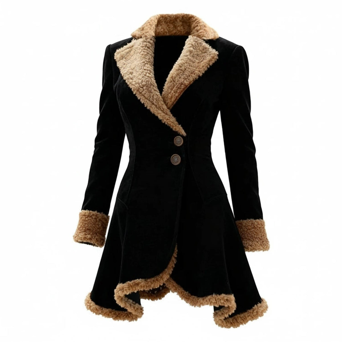 Women's Shearling Jacket with Faux Suede Exterior and Asymmetrical Hem