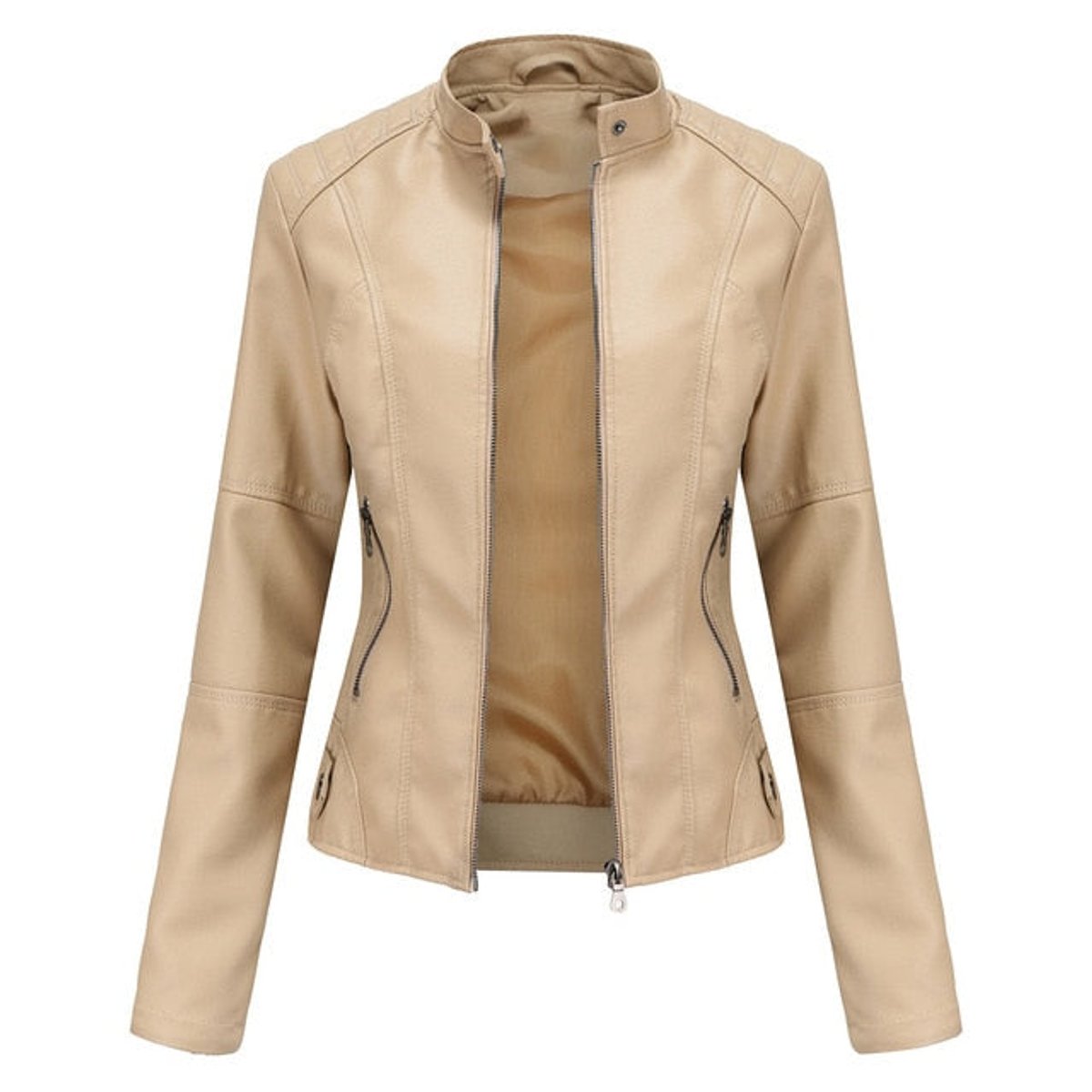 Verity | Short-Cut Mock-Neck Zip-Up Leather Jacket