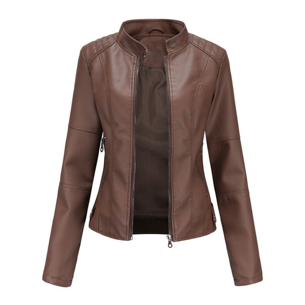 Verity | Short-Cut Mock-Neck Zip-Up Leather Jacket