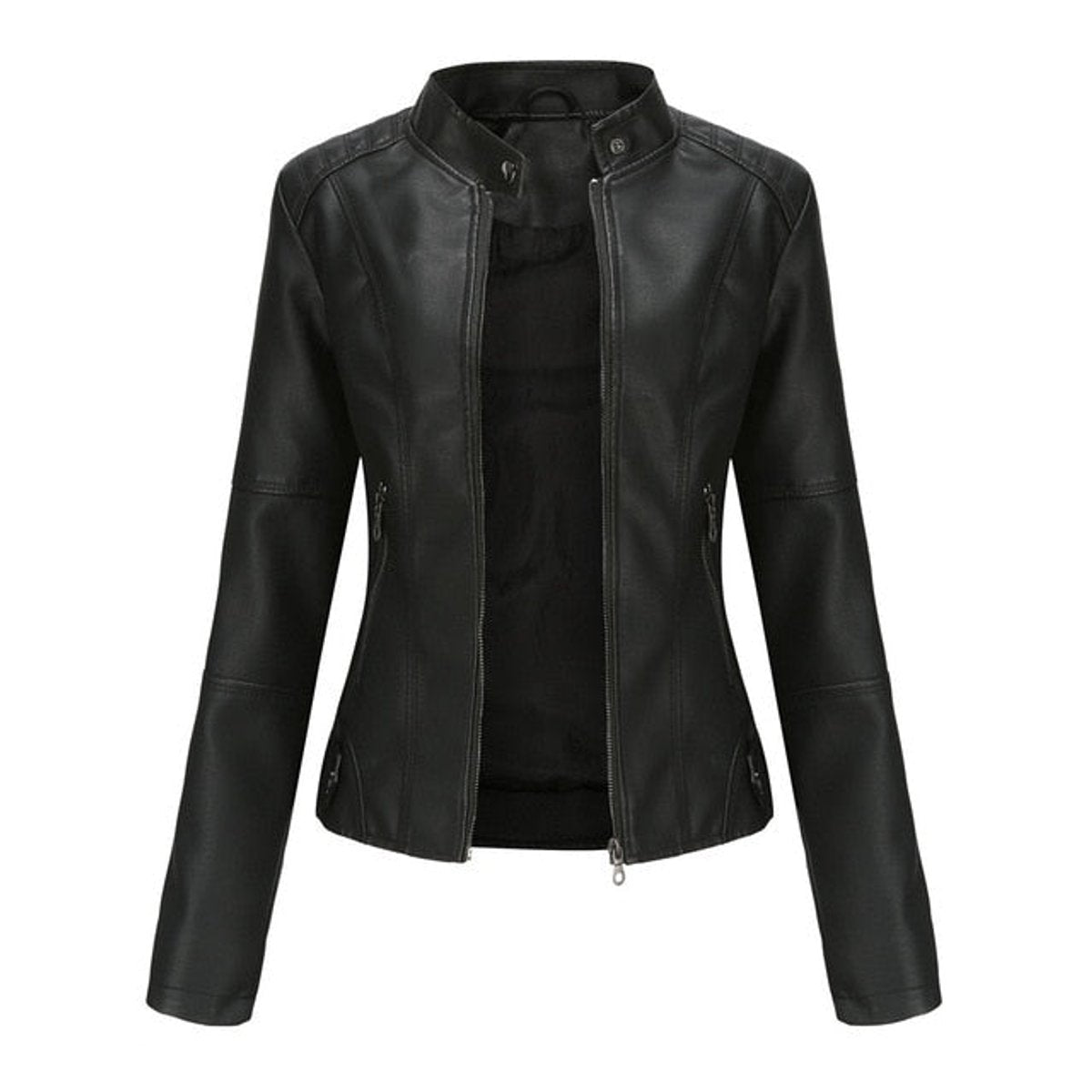 Verity | Short-Cut Mock-Neck Zip-Up Leather Jacket