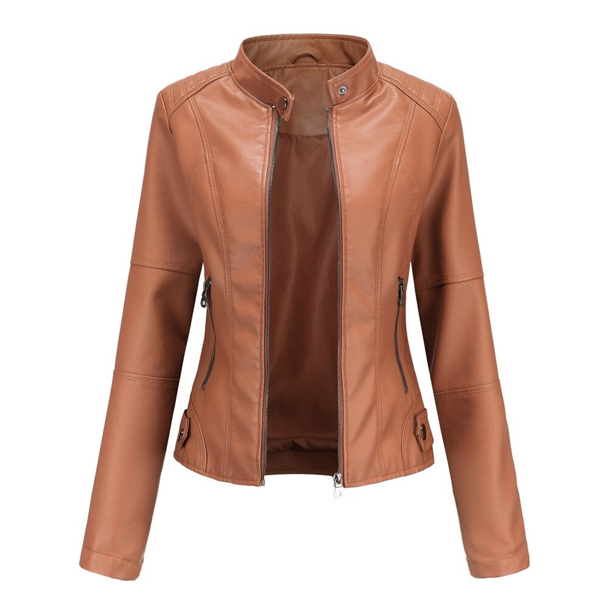 Verity | Short-Cut Mock-Neck Zip-Up Leather Jacket