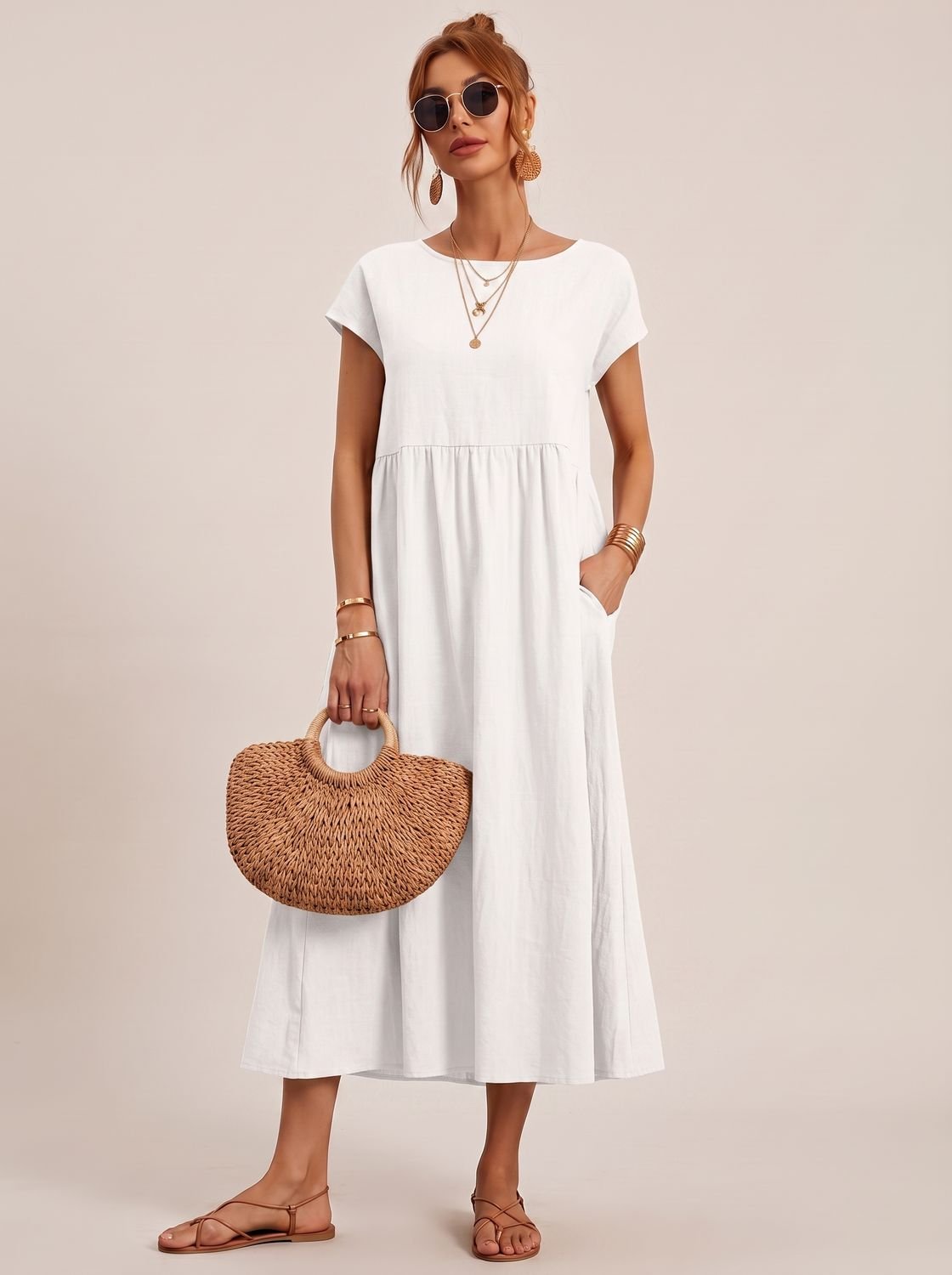 Sophia | Women's Short-Sleeve Round-Neck Flowy Midi Dress with Pockets