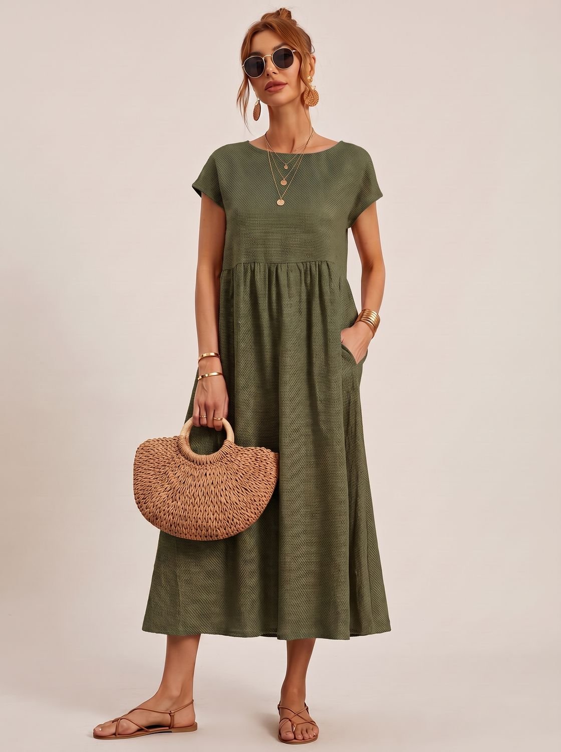 Sophia | Women's Short-Sleeve Round-Neck Flowy Midi Dress with Pockets