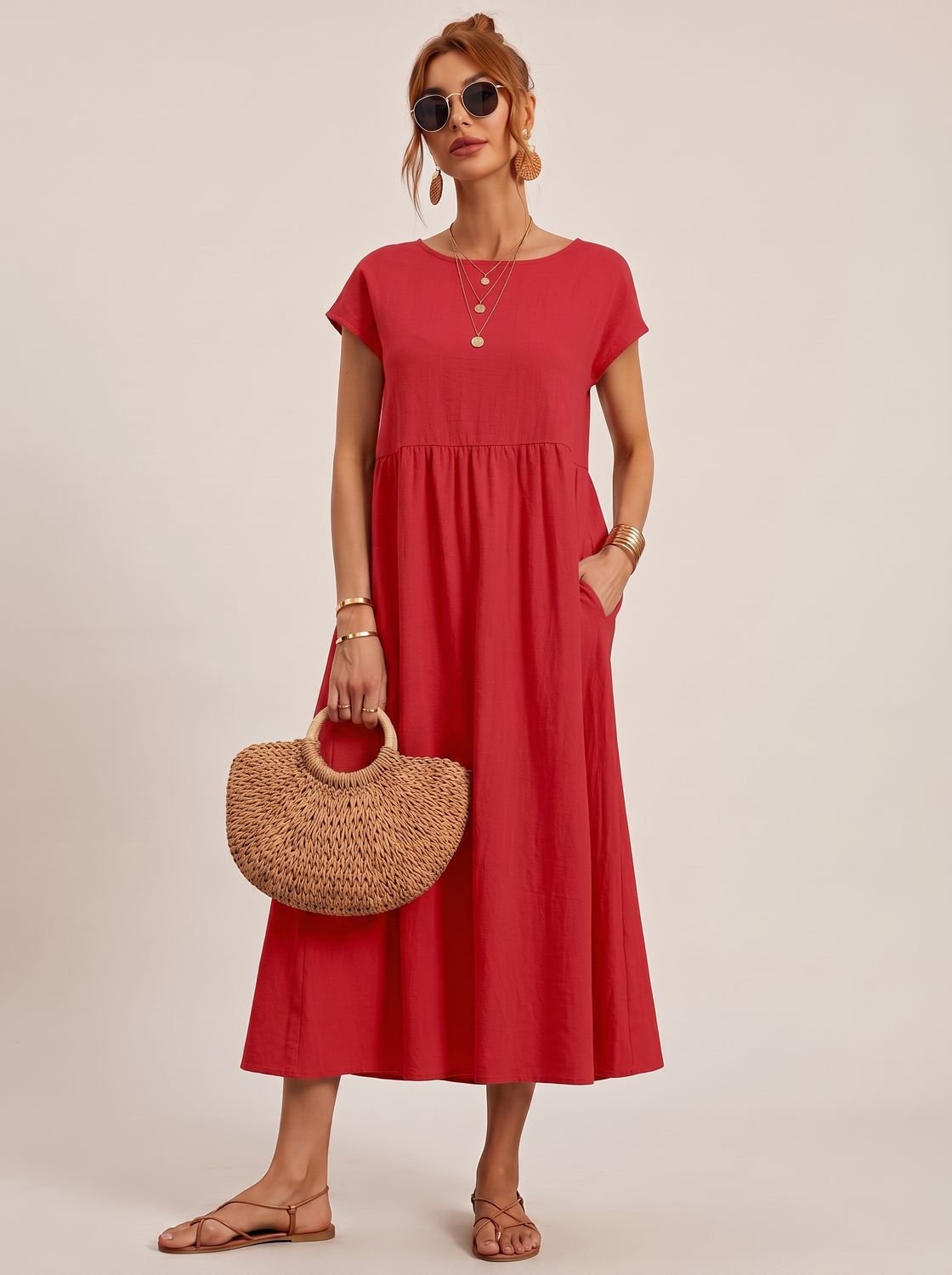Sophia | Women's Short-Sleeve Round-Neck Flowy Midi Dress with Pockets