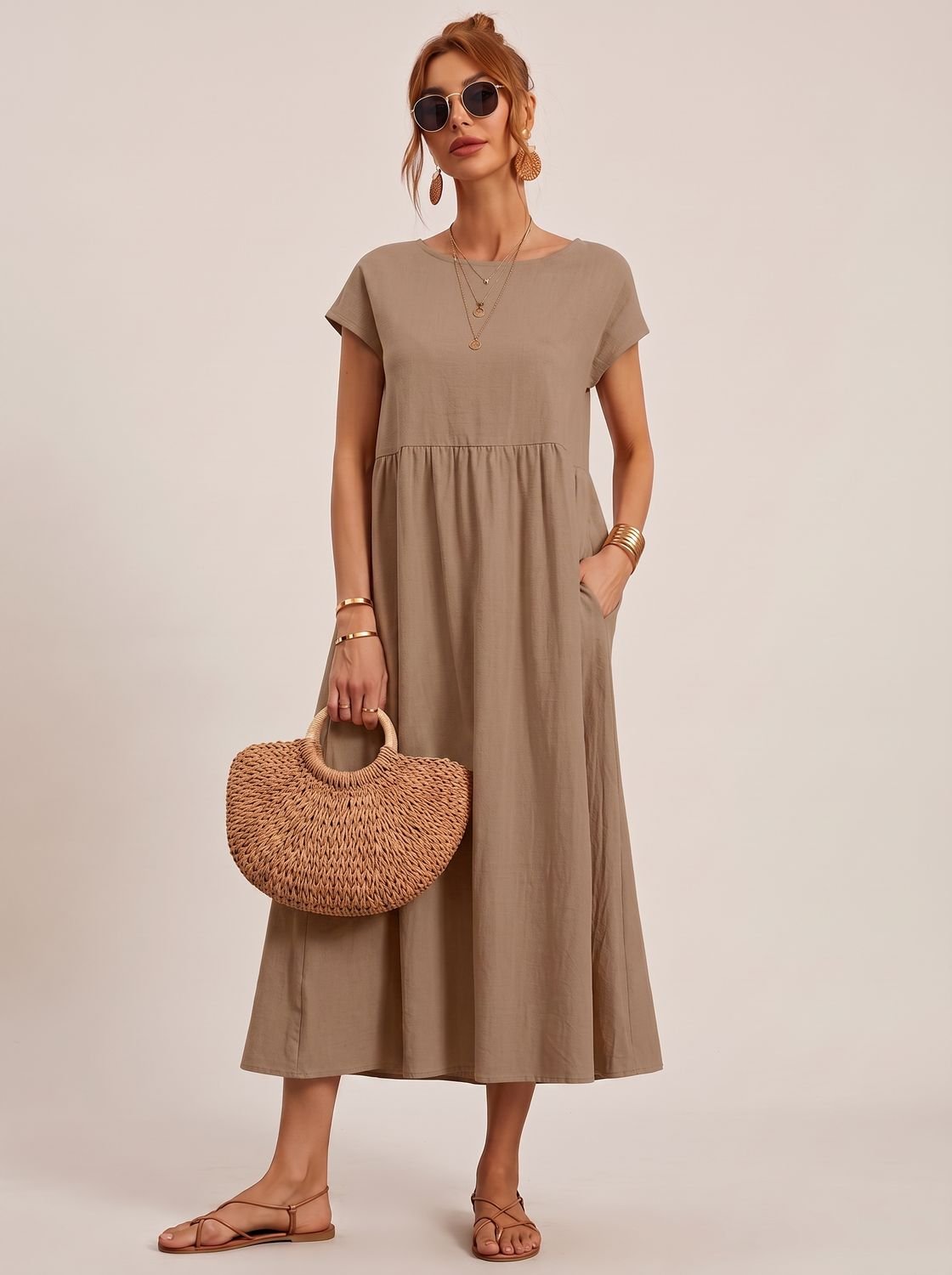 Sophia | Women's Short-Sleeve Round-Neck Flowy Midi Dress with Pockets