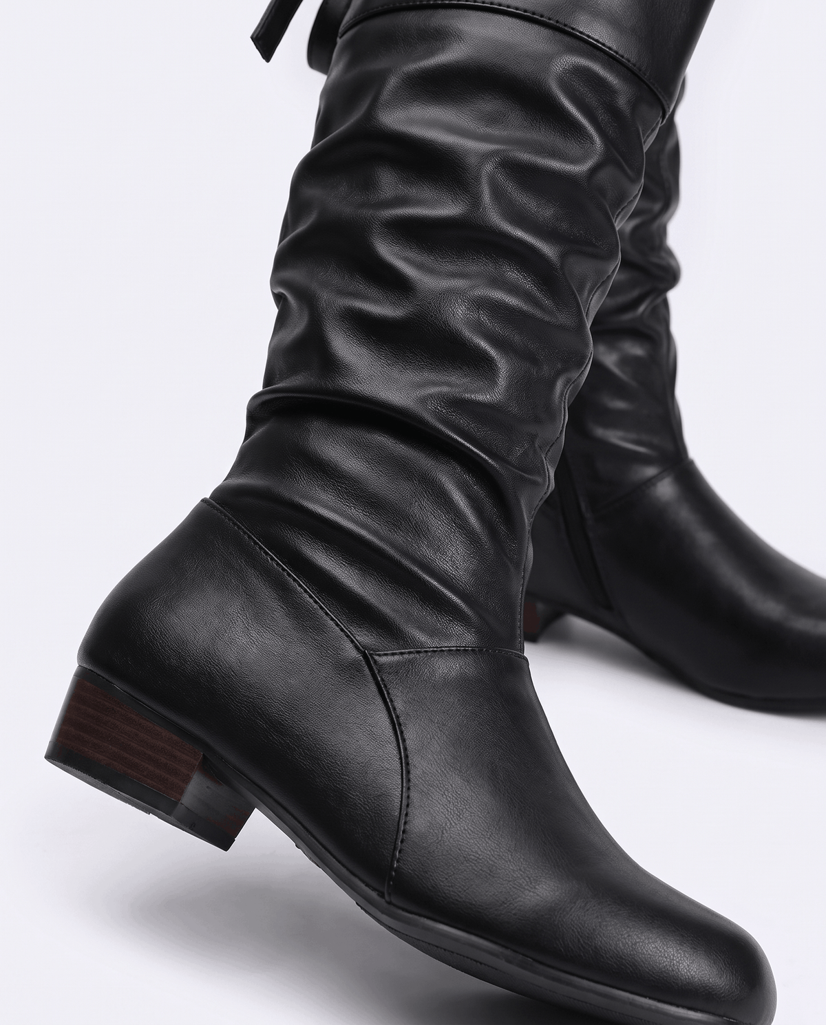Leather-Look Slouch Knee-High Boots – Back Bow Tie, Round Toe & Low Heel | Renvara