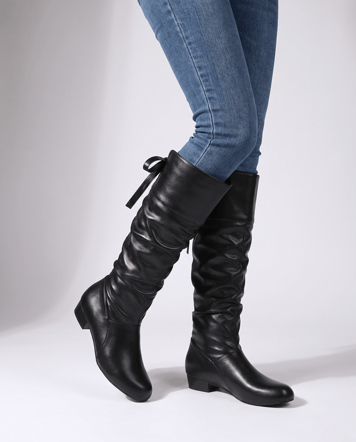 Leather-Look Slouch Knee-High Boots – Back Bow Tie, Round Toe & Low Heel | Renvara