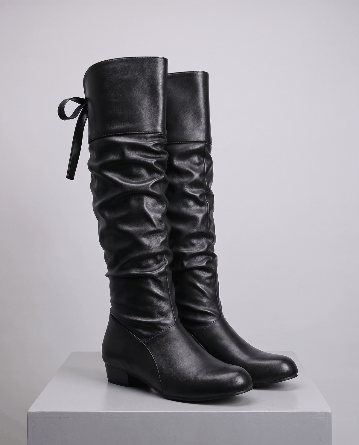 Leather-Look Slouch Knee-High Boots – Back Bow Tie, Round Toe & Low Heel | Renvara