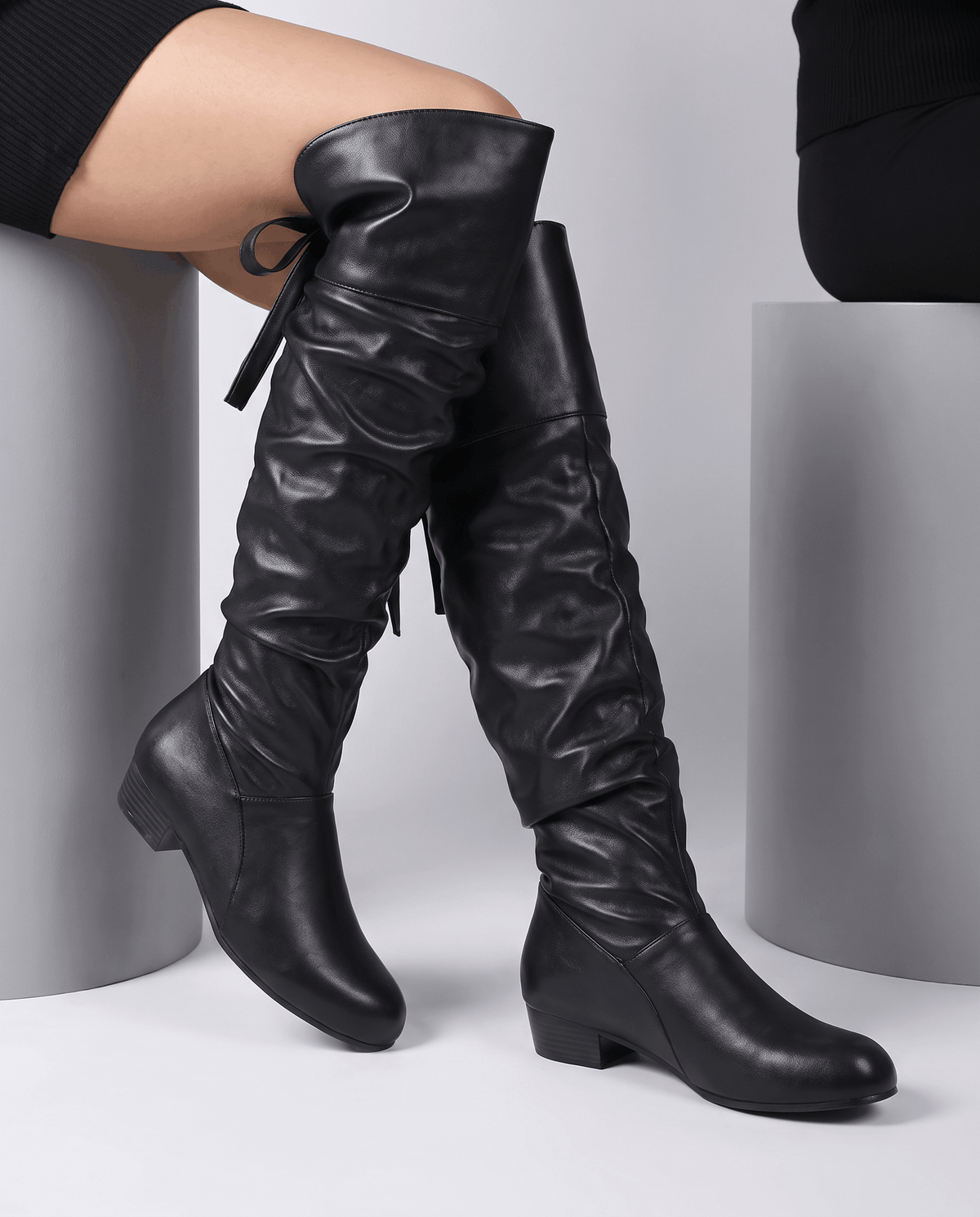 Leather-Look Slouch Knee-High Boots – Back Bow Tie, Round Toe & Low Heel | Renvara