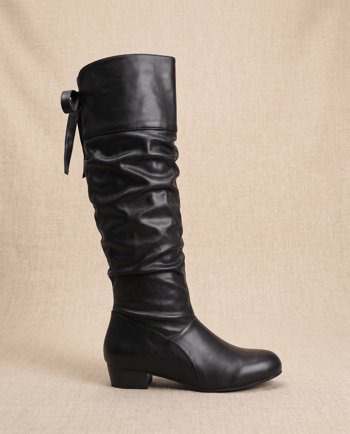 Leather-Look Slouch Knee-High Boots – Back Bow Tie, Round Toe & Low Heel | Renvara