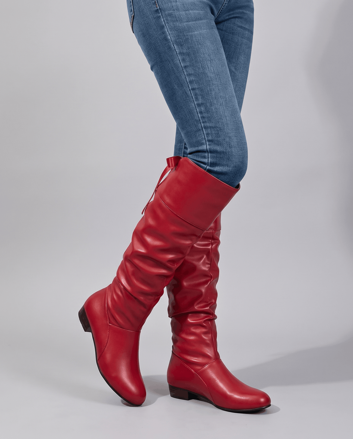 Leather-Look Slouch Knee-High Boots – Back Bow Tie, Round Toe & Low Heel | Renvara