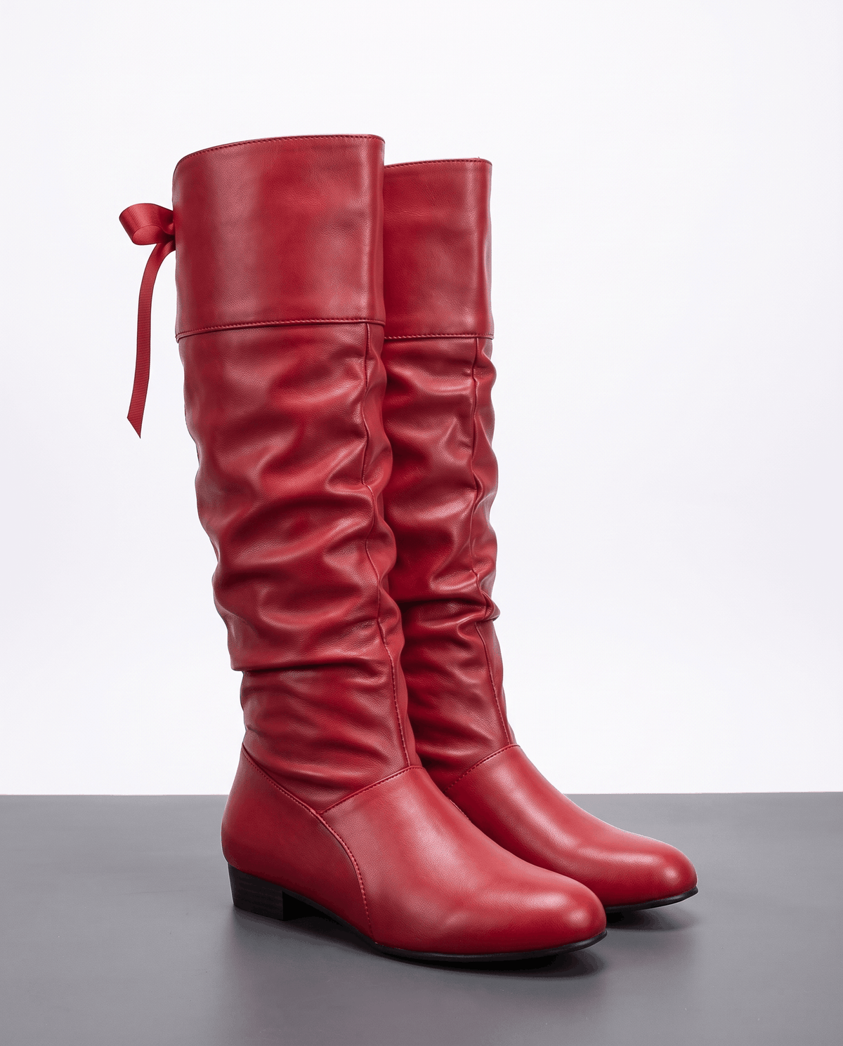Leather-Look Slouch Knee-High Boots – Back Bow Tie, Round Toe & Low Heel | Renvara