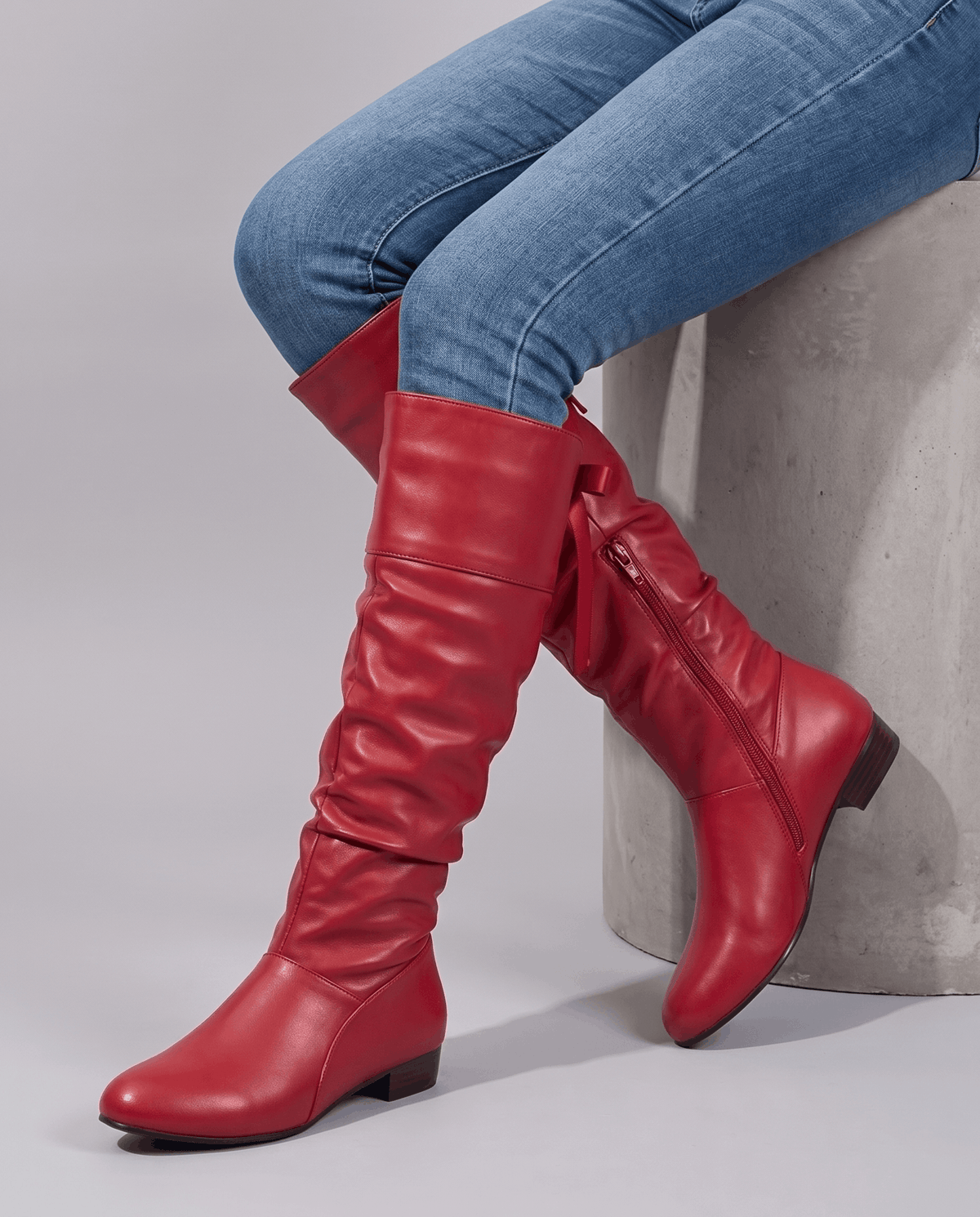 Leather-Look Slouch Knee-High Boots – Back Bow Tie, Round Toe & Low Heel | Renvara