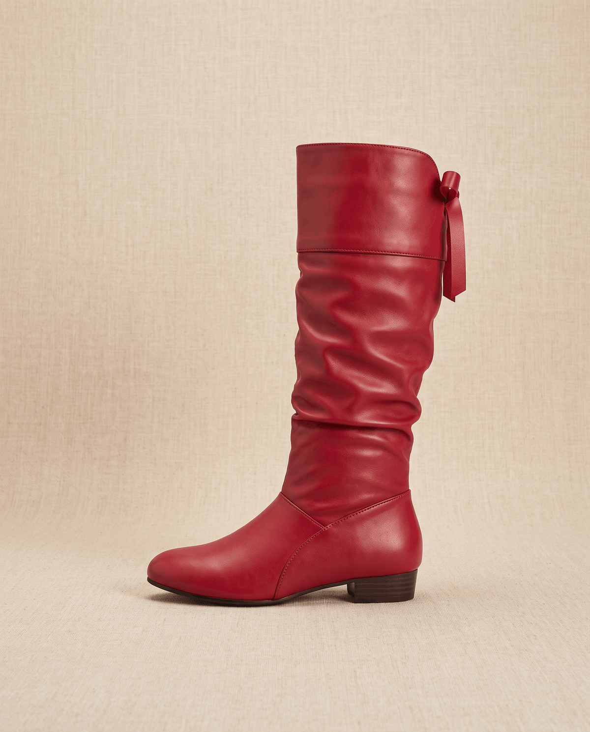 Leather-Look Slouch Knee-High Boots – Back Bow Tie, Round Toe & Low Heel | Renvara
