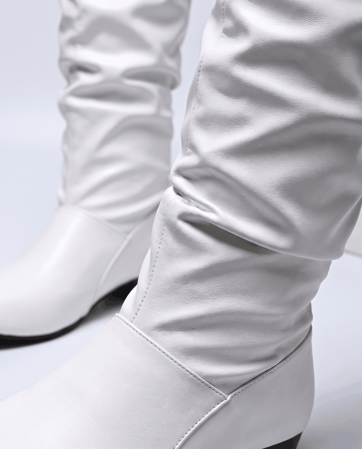 Leather-Look Slouch Knee-High Boots – Back Bow Tie, Round Toe & Low Heel | Renvara