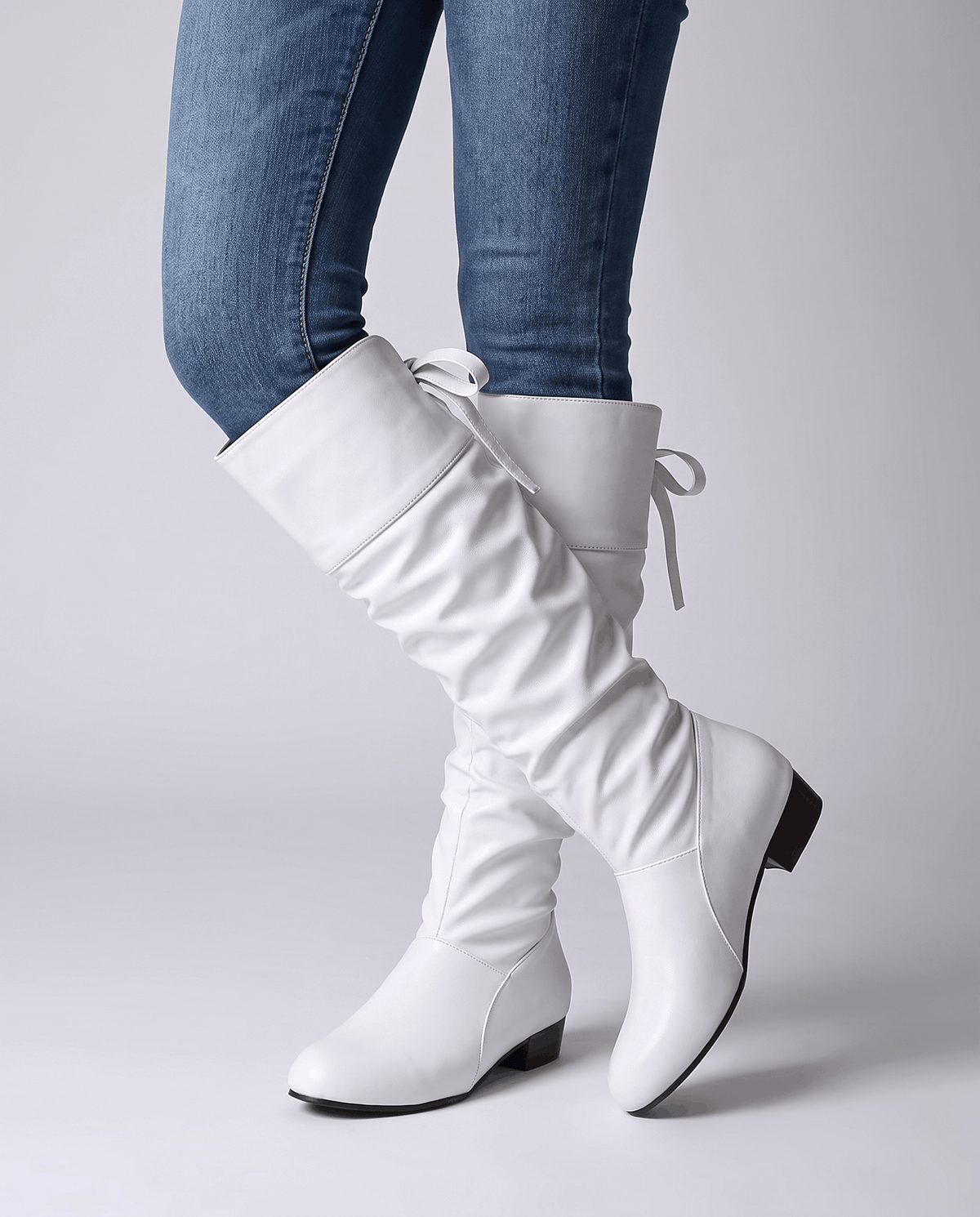 Leather-Look Slouch Knee-High Boots – Back Bow Tie, Round Toe & Low Heel | Renvara