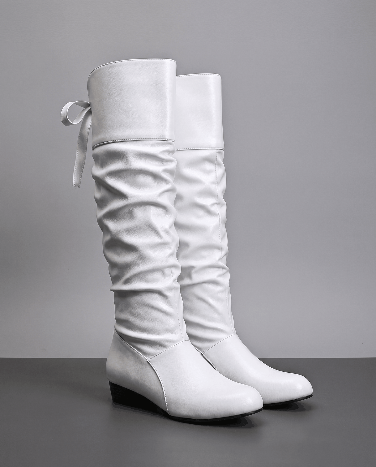 Leather-Look Slouch Knee-High Boots – Back Bow Tie, Round Toe & Low Heel | Renvara
