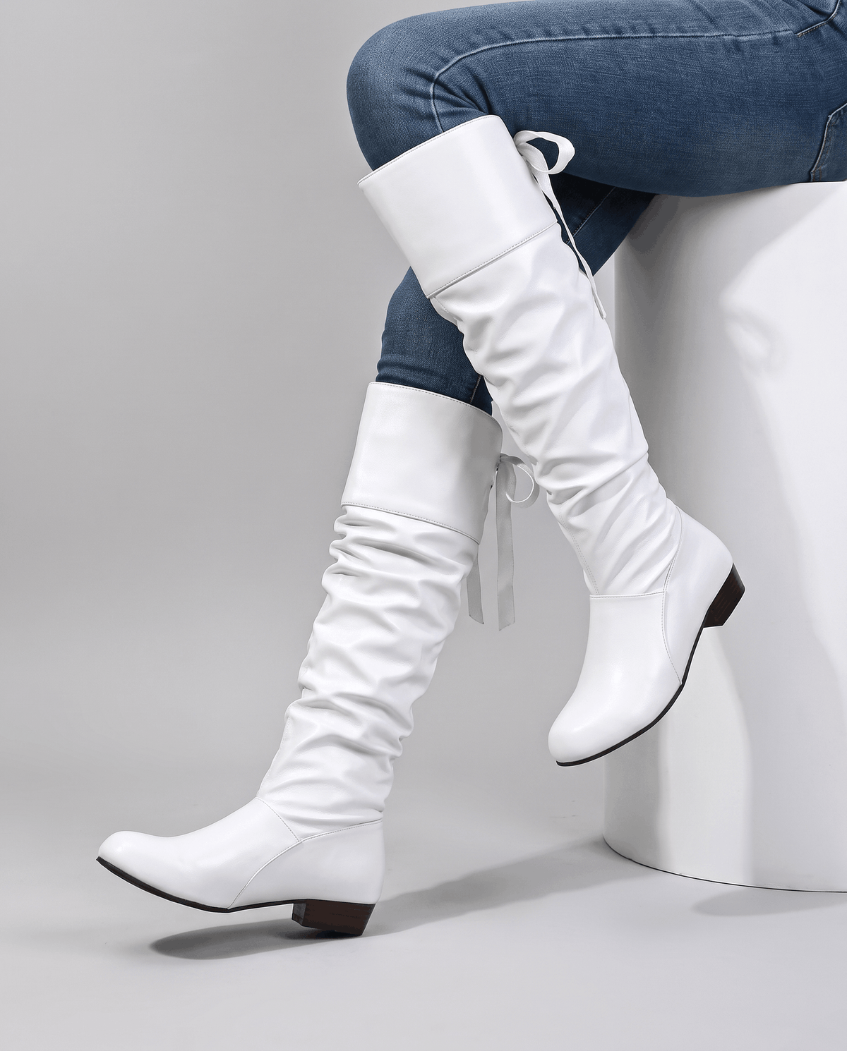 Leather-Look Slouch Knee-High Boots – Back Bow Tie, Round Toe & Low Heel | Renvara