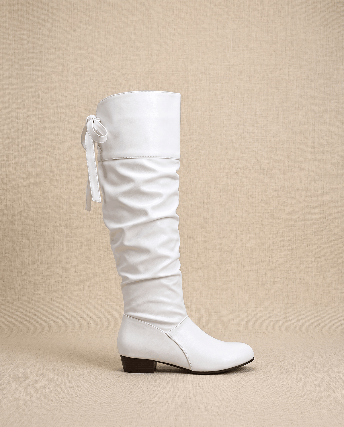 Leather-Look Slouch Knee-High Boots – Back Bow Tie, Round Toe & Low Heel | Renvara