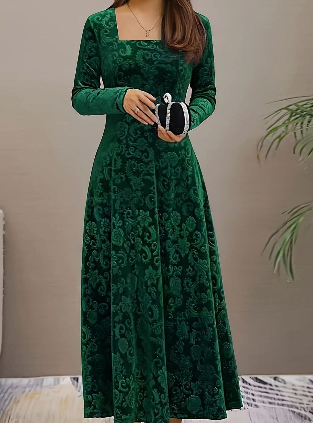 Luna | Women's Square Neck Velvet Floral Embossed Party Dress