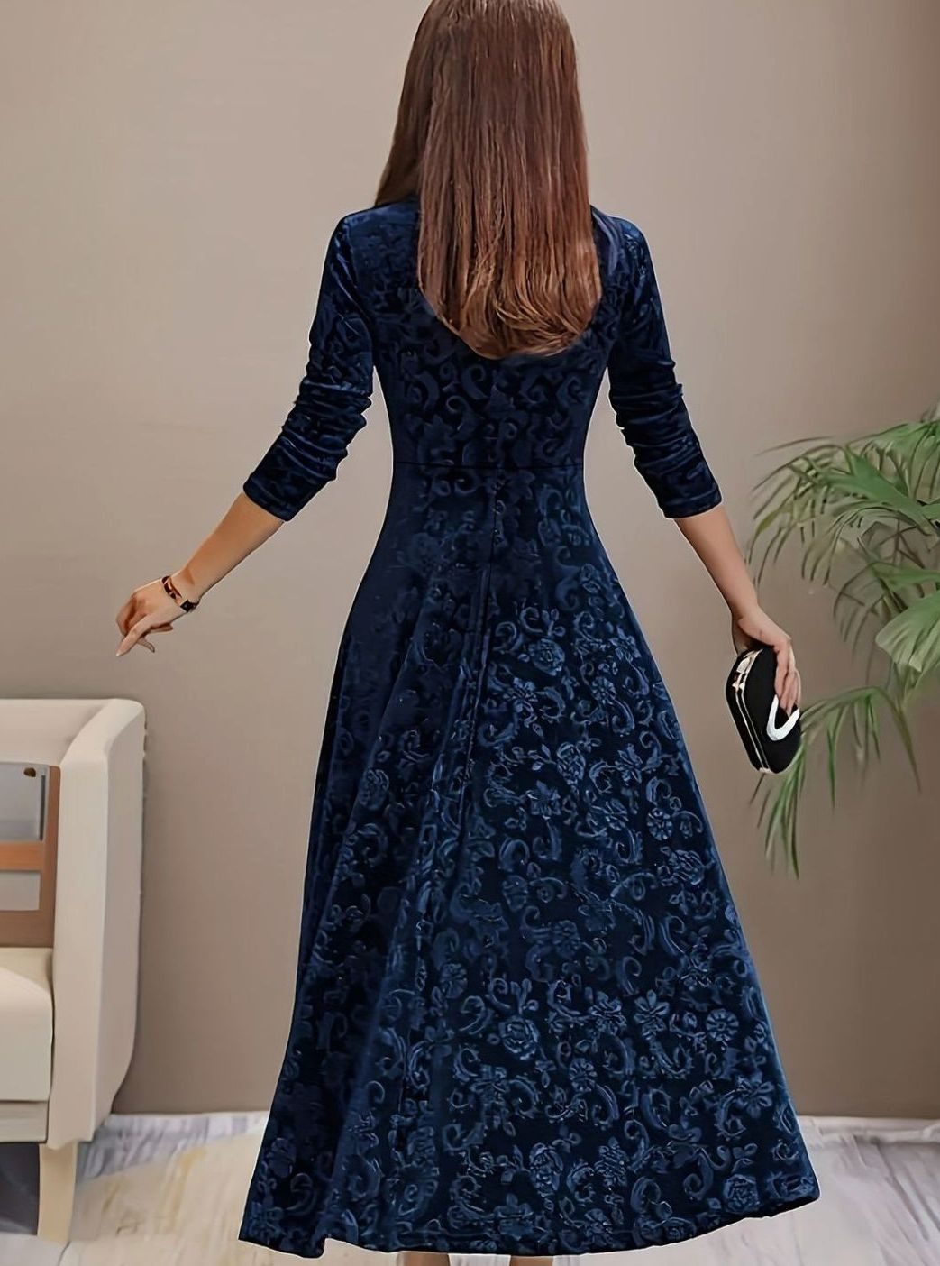 Luna | Women's Square Neck Velvet Floral Embossed Party Dress