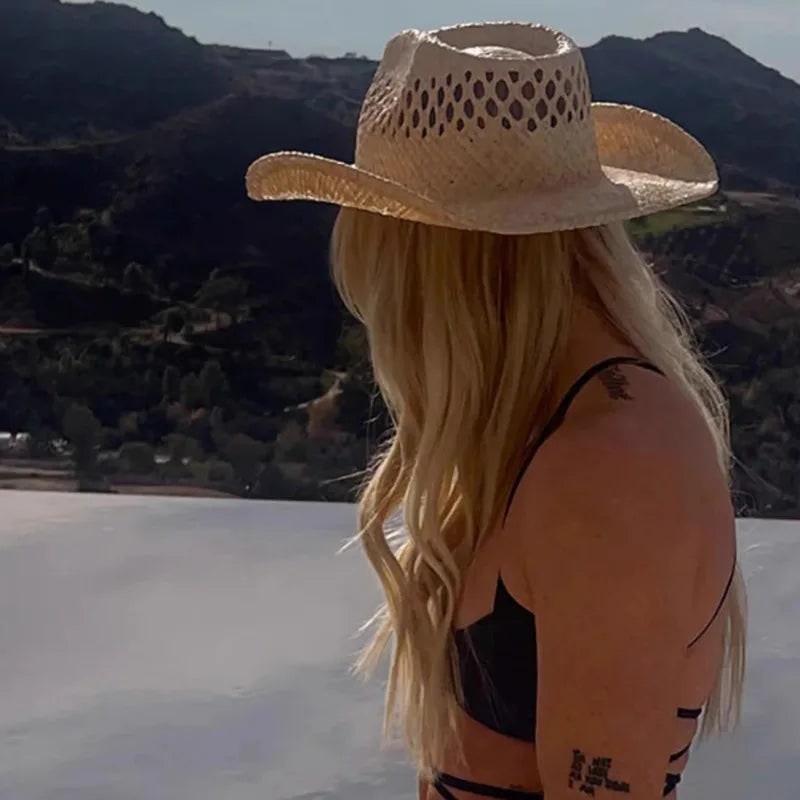 Women's Straw Cowboy Hat with Wide Brim and Ventilated Woven Crown