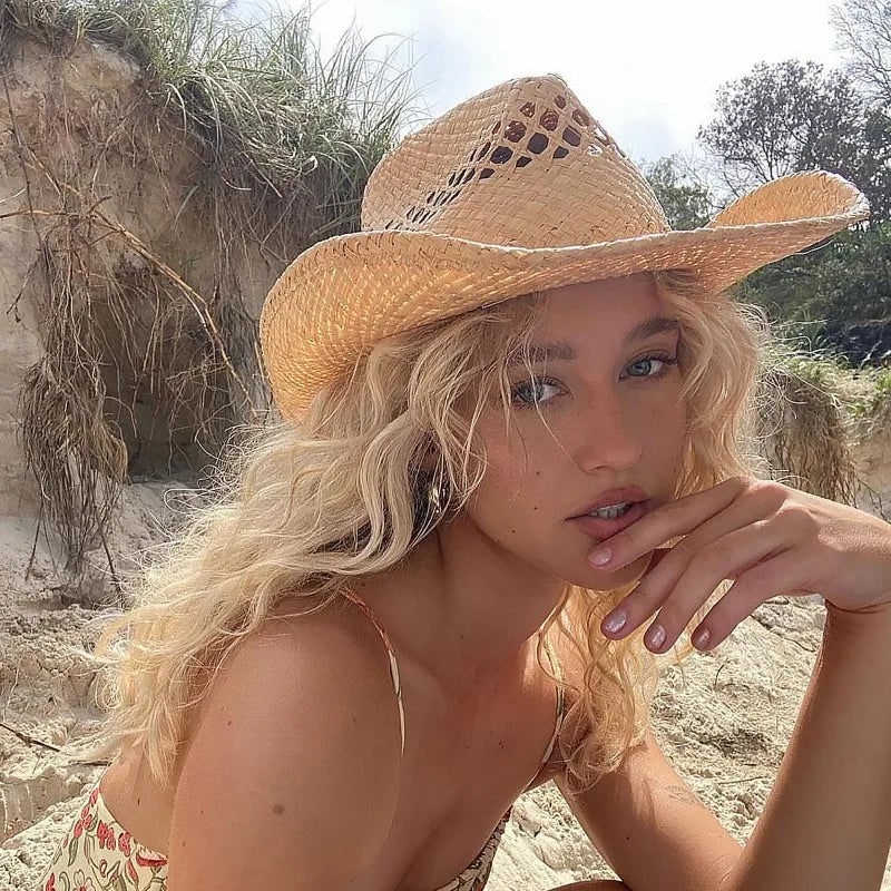 Women's Straw Cowboy Hat with Wide Brim and Ventilated Woven Crown