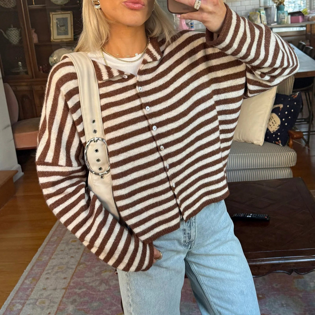 Women's Striped Button Front Cardigan Sweater with Relaxed Fit