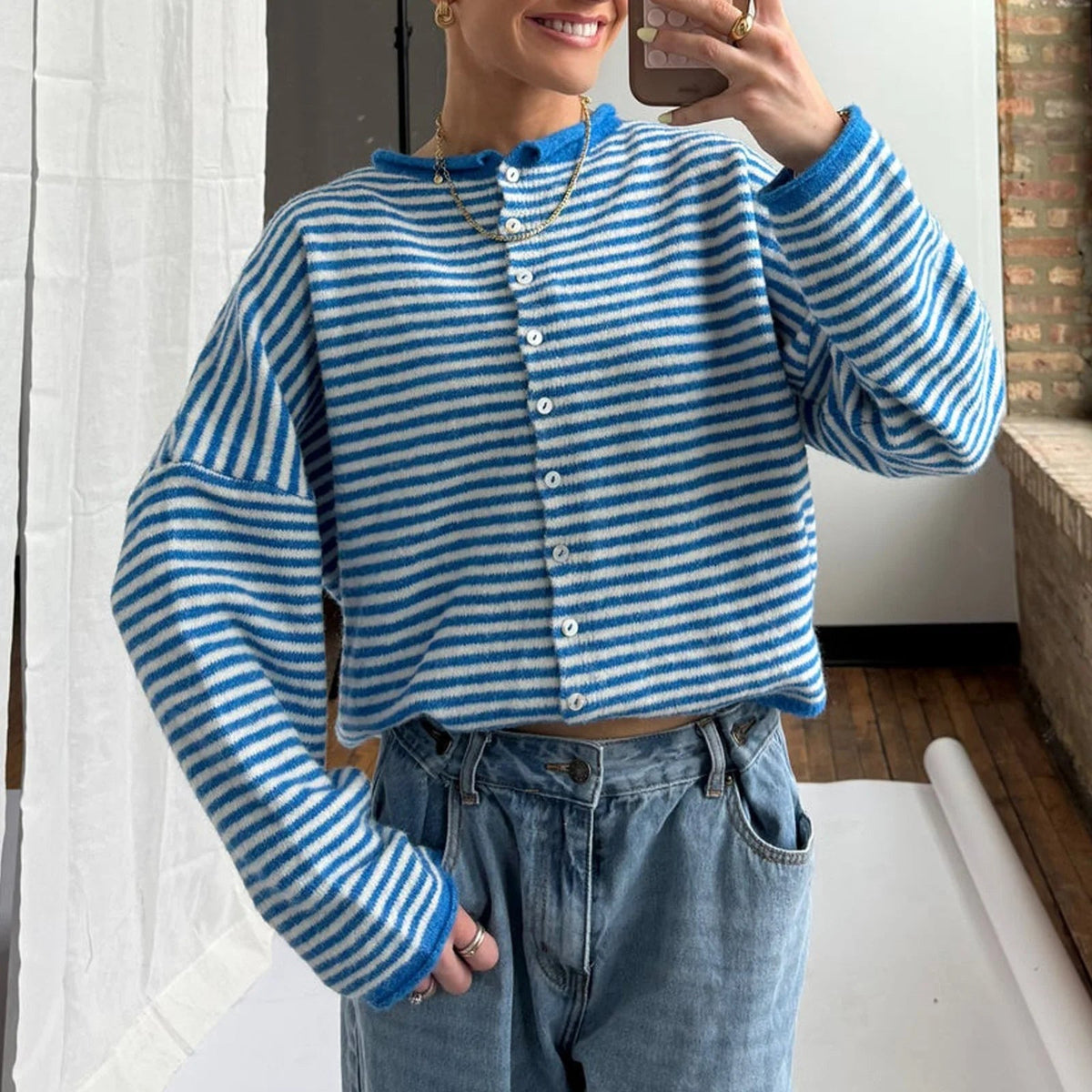 Women's Striped Button Front Cardigan Sweater with Relaxed Fit