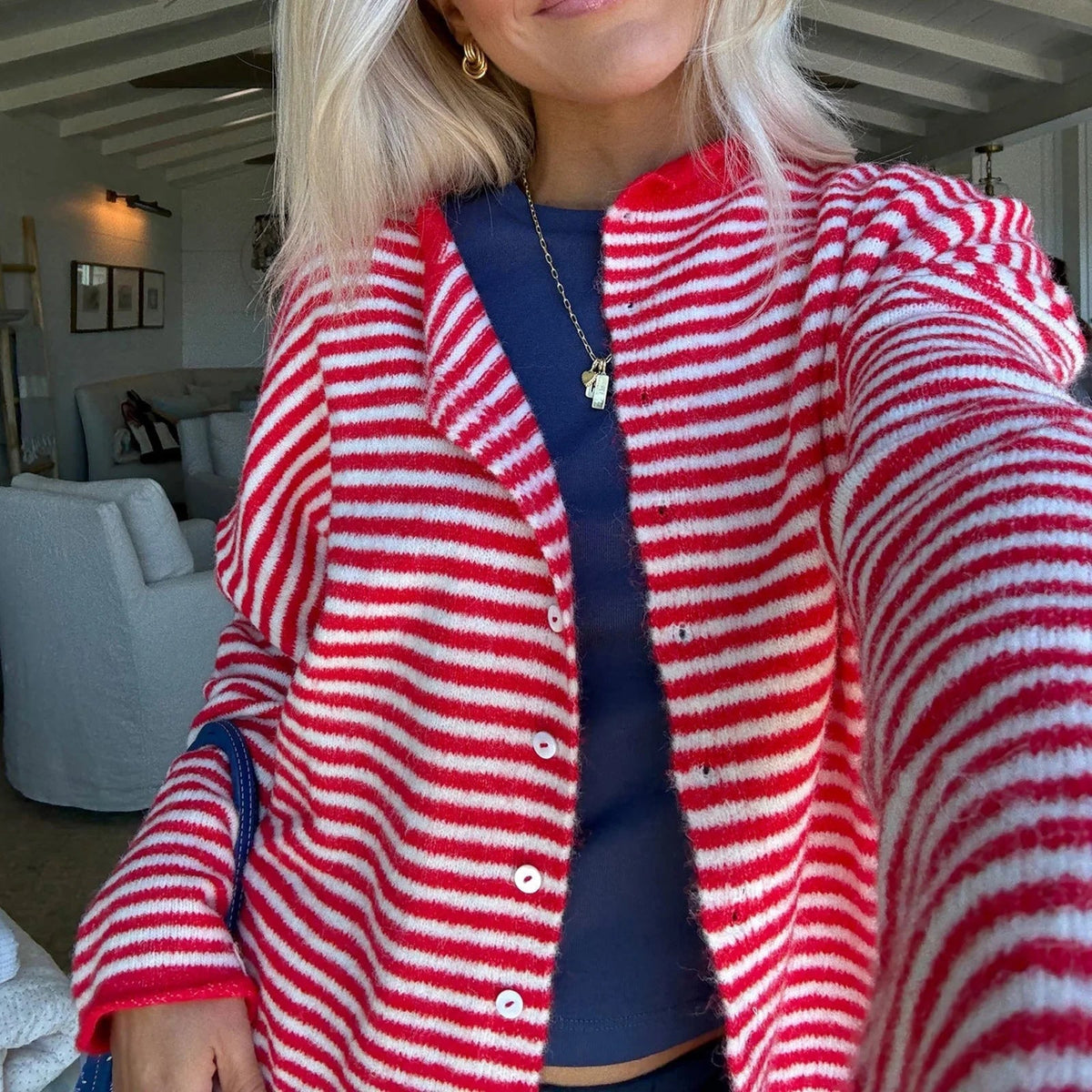 Women's Striped Button Front Cardigan Sweater with Relaxed Fit