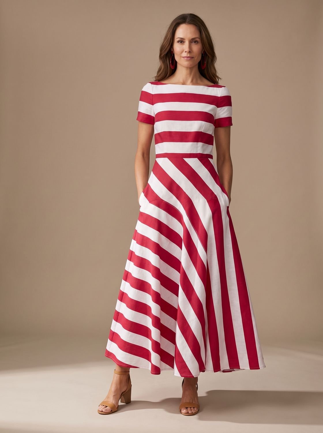 Camila | Women's Striped Short-Sleeve Boat-Neck Maxi Dress