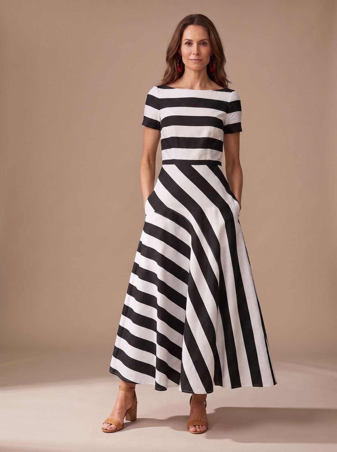 Camila | Women's Striped Short-Sleeve Boat-Neck Maxi Dress
