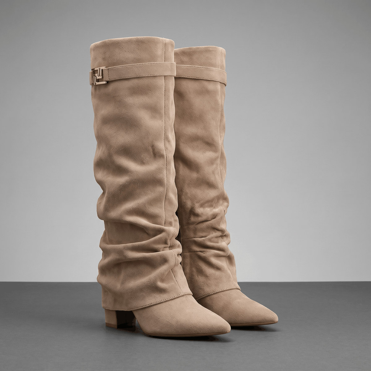 Suede Fold-Over Knee-High Boots for Women – Pointed-Toe & Side Zip | Vicky