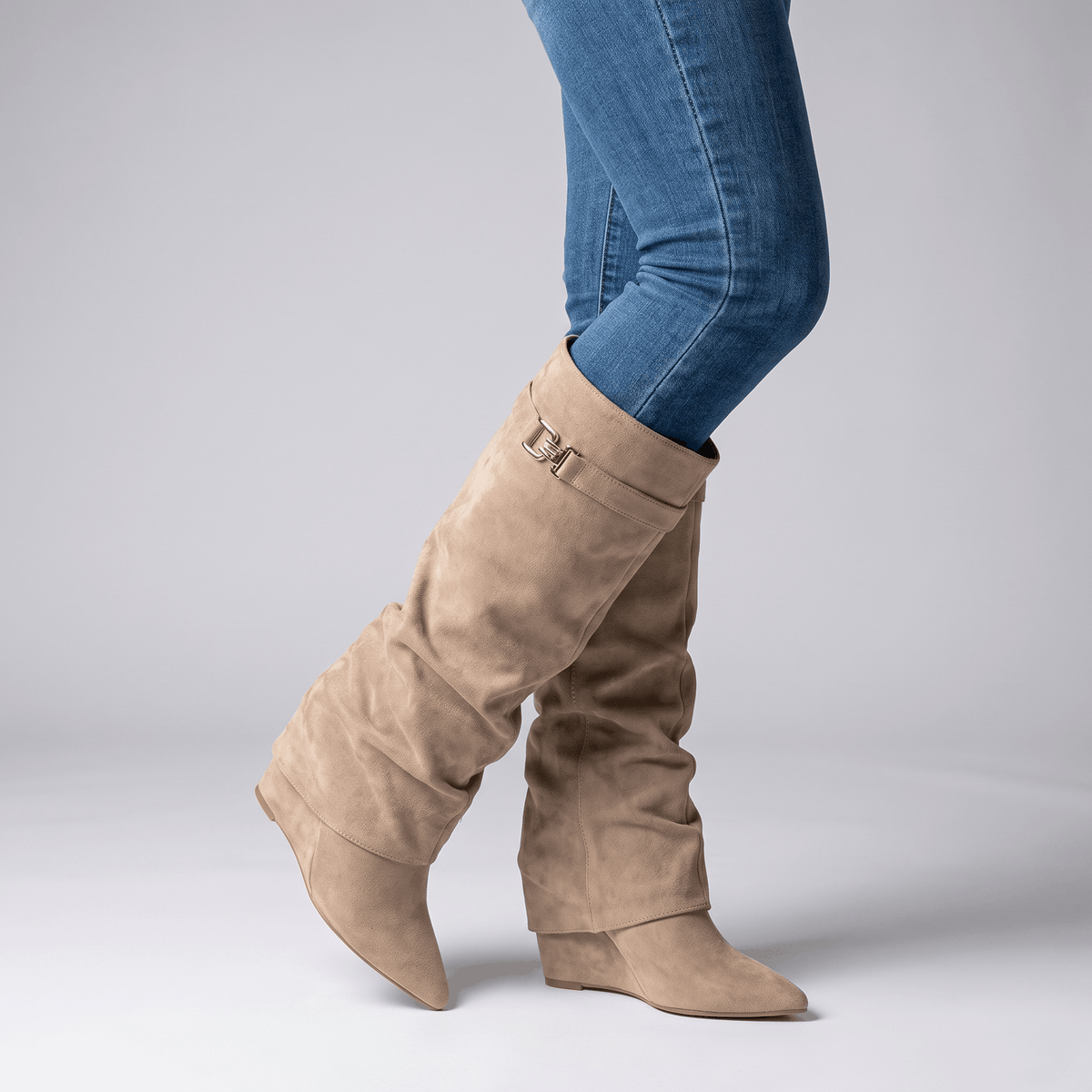 Suede Fold-Over Knee-High Boots for Women – Pointed-Toe & Side Zip | Vicky