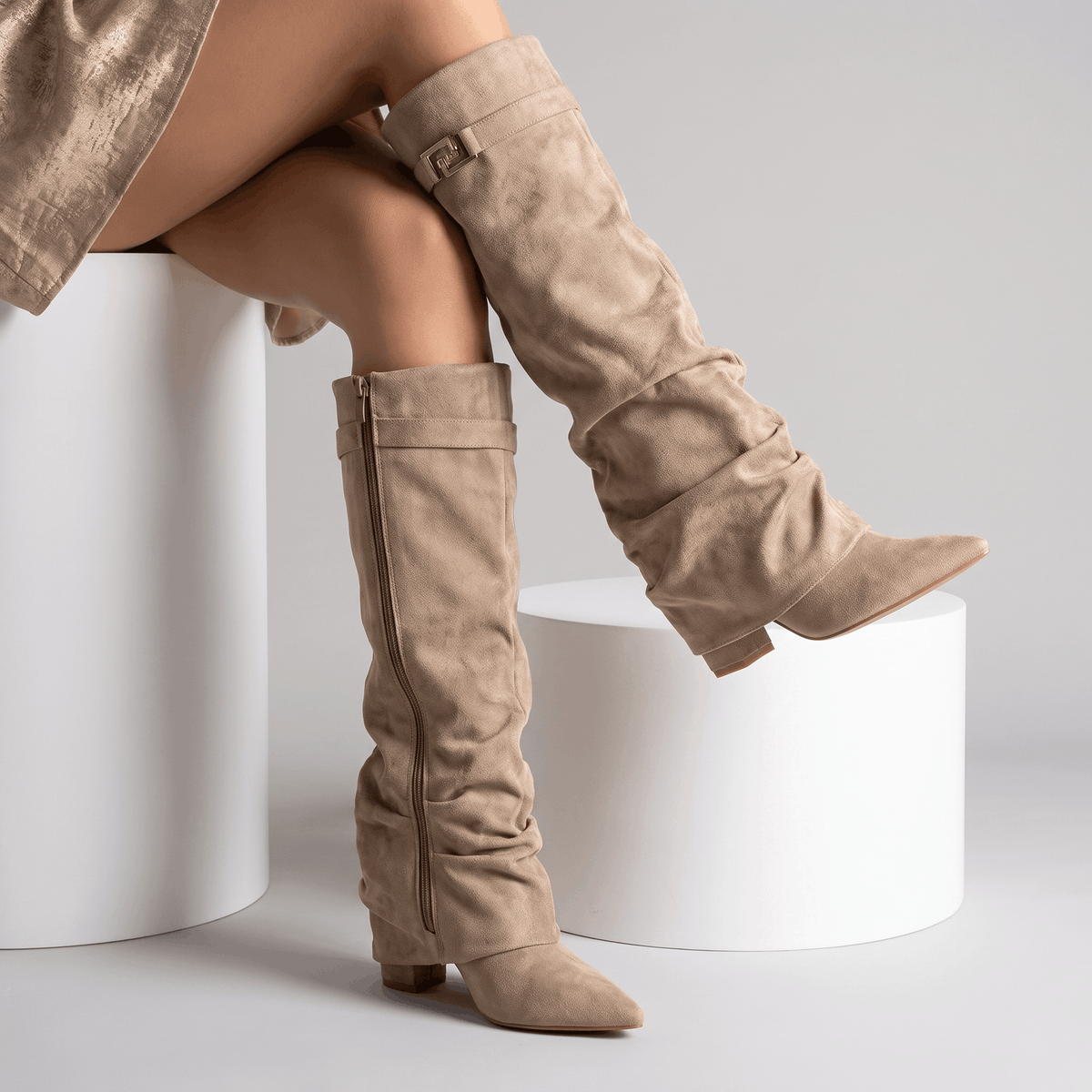 Suede Fold-Over Knee-High Boots for Women – Pointed-Toe & Side Zip | Vicky