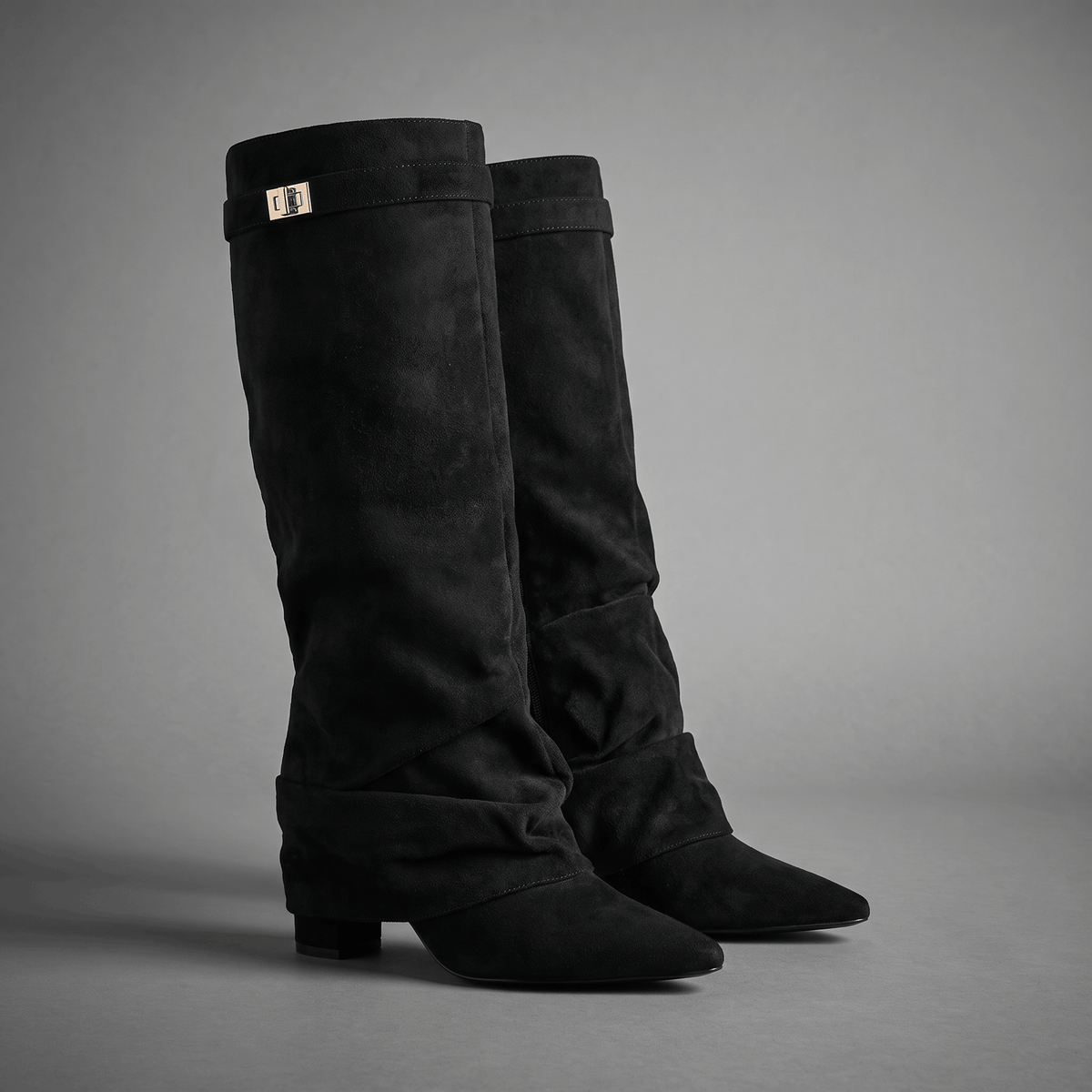 Suede Fold-Over Knee-High Boots for Women – Pointed-Toe & Side Zip | Vicky
