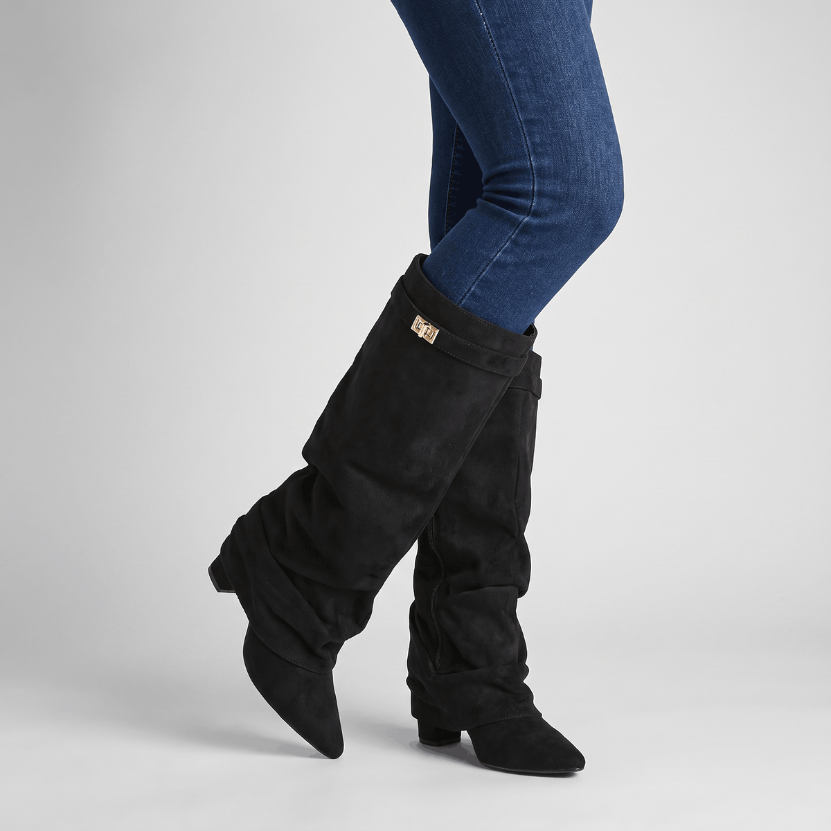 Suede Fold-Over Knee-High Boots for Women – Pointed-Toe & Side Zip | Vicky