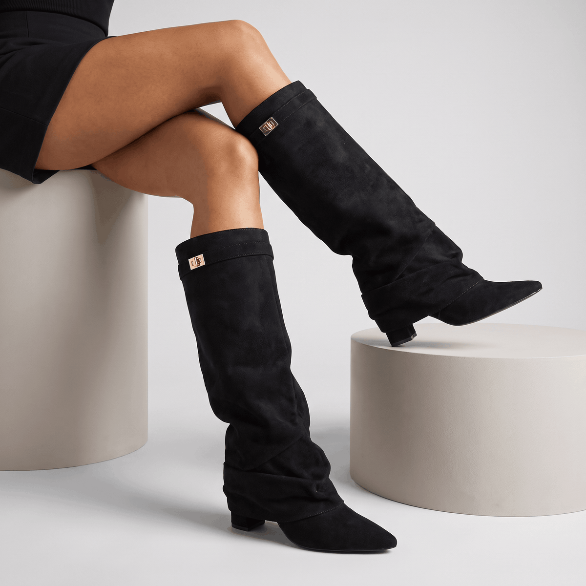 Suede Fold-Over Knee-High Boots for Women – Pointed-Toe & Side Zip | Vicky