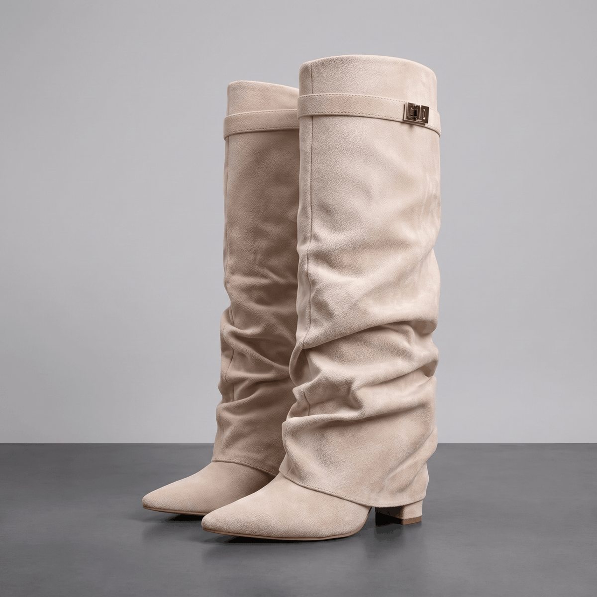 Suede Fold-Over Knee-High Boots for Women – Pointed-Toe & Side Zip | Vicky