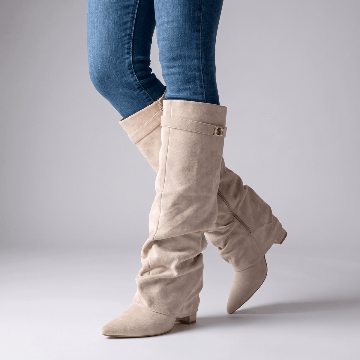 Suede Fold-Over Knee-High Boots for Women – Pointed-Toe & Side Zip | Vicky
