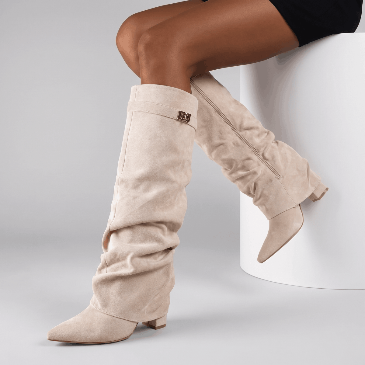 Suede Fold-Over Knee-High Boots for Women – Pointed-Toe & Side Zip | Vicky