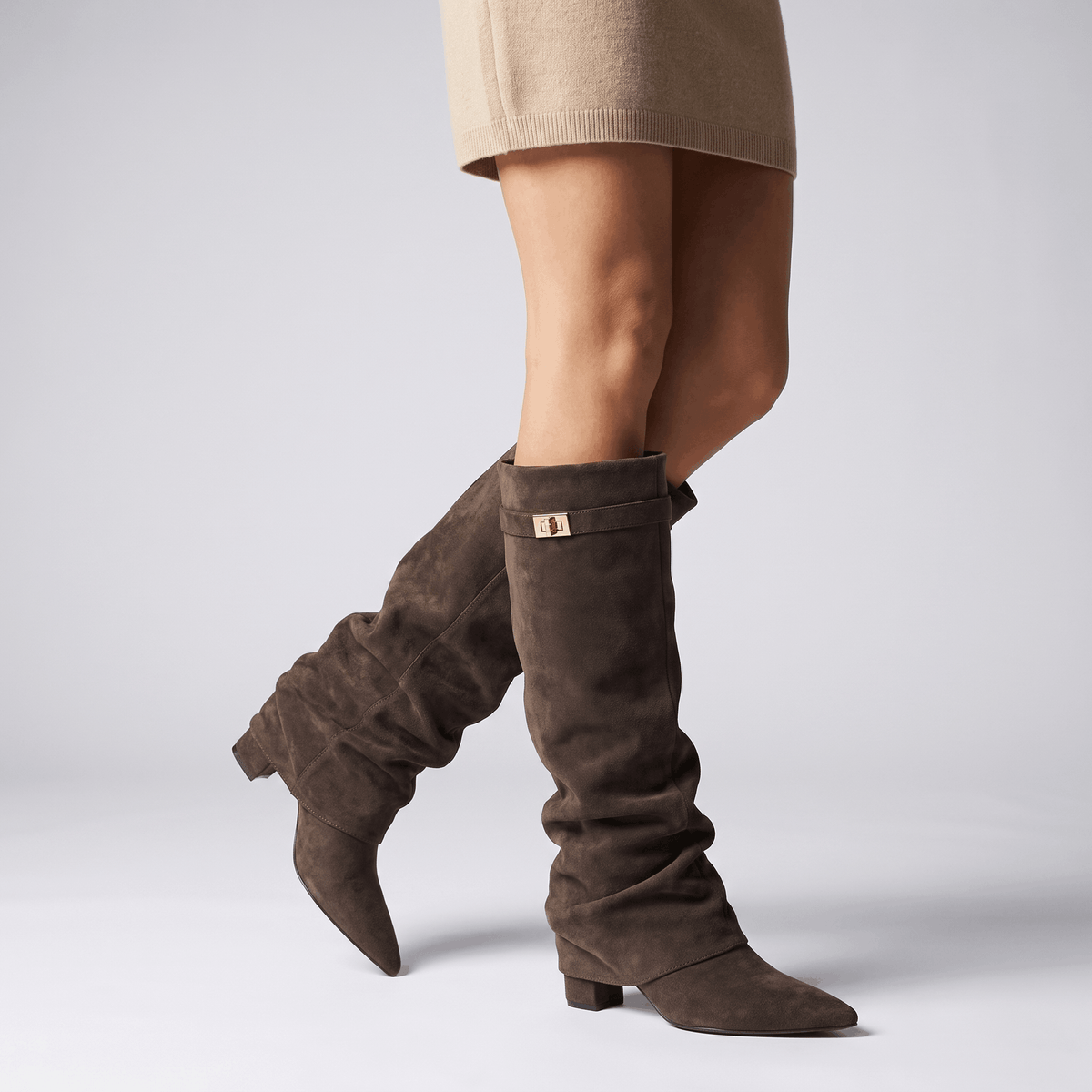 Suede Fold-Over Knee-High Boots for Women – Pointed-Toe & Side Zip | Vicky